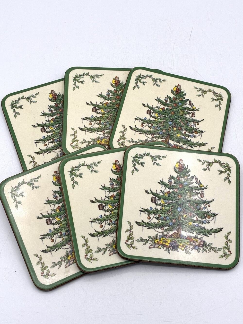 Spode Christmas Tree Coasters Set of 6 Cork Back 4” Holiday Table Decor